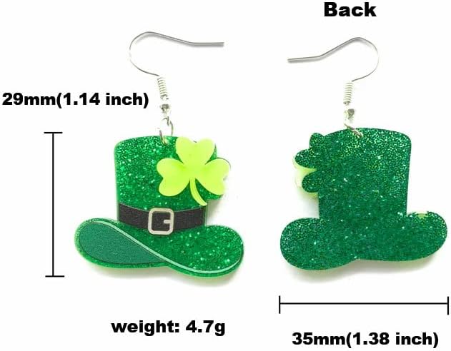 St. Patrick's Day Earrings for Women,Irish Shamrock Acrylic Dangle Earrings, Green Hat Clover Horseshoe Drop Earrings for Irish Festival