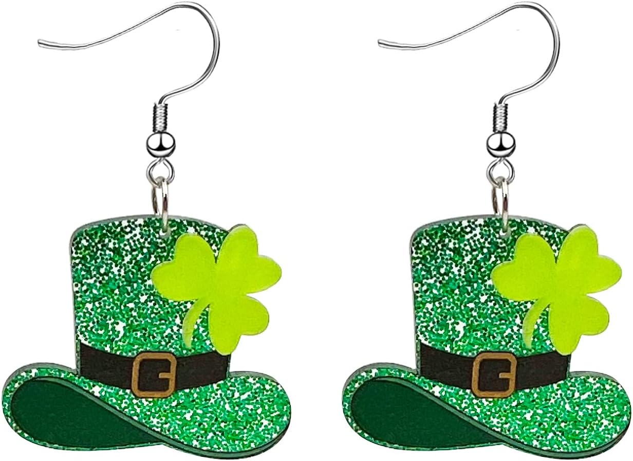 St. Patrick's Day Earrings for Women,Irish Shamrock Acrylic Dangle Earrings, Green Hat Clover Horseshoe Drop Earrings for Irish Festival