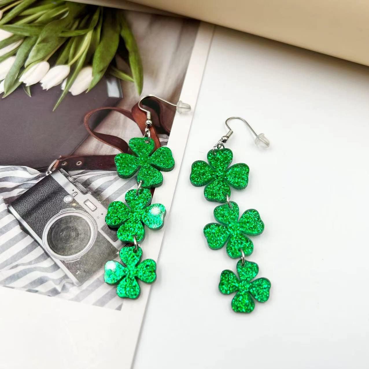 St. Patrick's Day Earrings for Women,Irish Shamrock Acrylic Dangle Earrings, Green Hat Clover Horseshoe Drop Earrings for Irish Festival