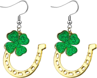 St. Patrick's Day Earrings for Women,Irish Shamrock Acrylic Dangle Earrings, Green Hat Clover Horseshoe Drop Earrings for Irish Festival