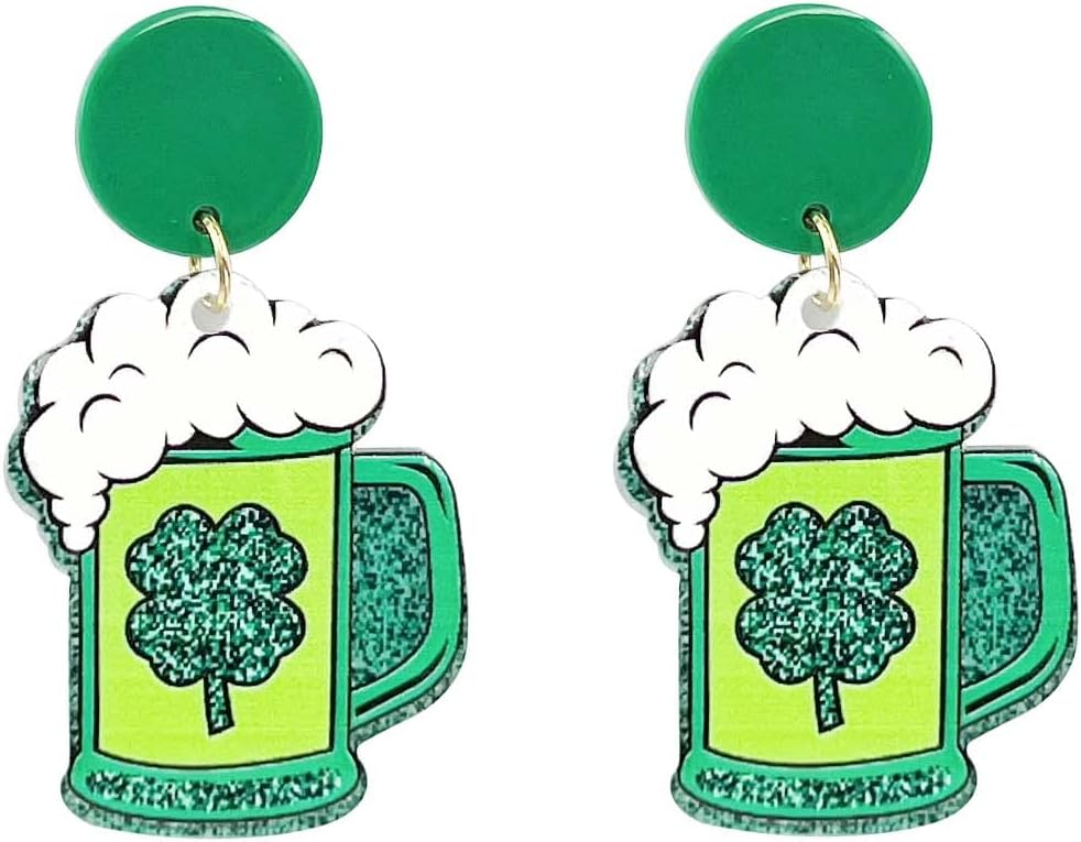 St. Patrick's Day Earrings for Women,Irish Shamrock Acrylic Dangle Earrings, Green Hat Clover Horseshoe Drop Earrings for Irish Festival